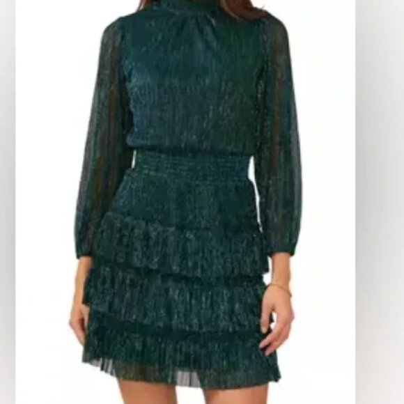 Small 1. State Shimmery Metallic Green Long Sleeve Smocked Tiered Dress (ABBA) - Picture 2 of 16
